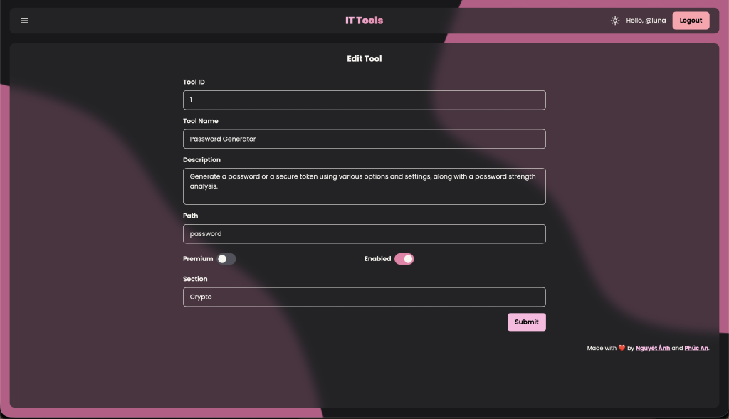 Editing a tool from admins' panel